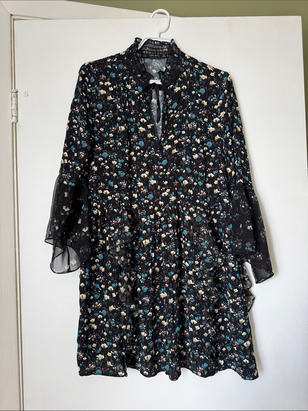 Zara Black Floral Long-Sleeve Tiered Dress with Teal and Cream Accents